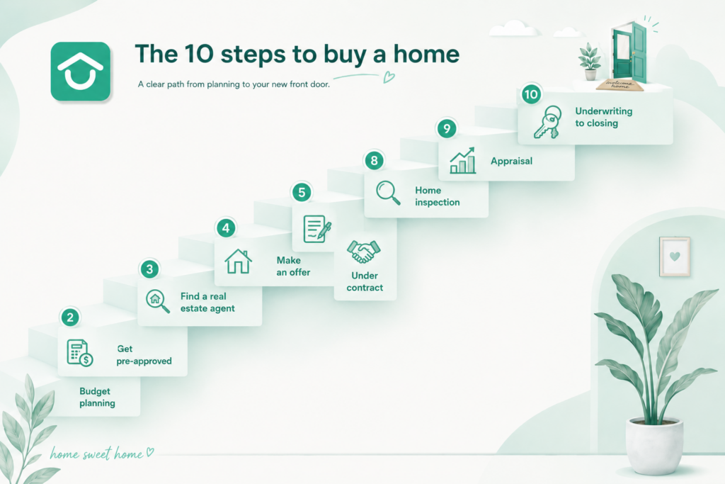 Infographic showing the 10 steps to buy a home, from budget planning and pre-approval to closing.