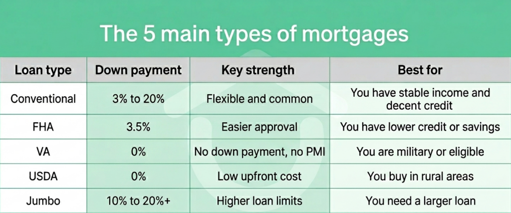 Mortgage loan type guide comparing down payments and benefits of Conventional, FHA, VA, USDA, and Jumbo loans for first-time buyers.