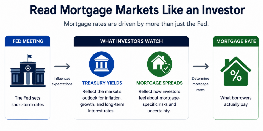 Infographic showing how Fed meetings influence investor expectations, Treasury yields, mortgage spreads, and ultimately mortgage rates.