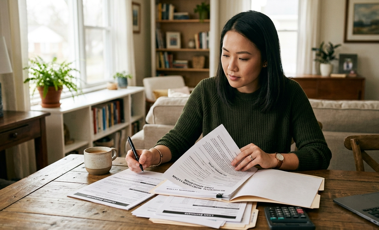 Homebuyer reviewing mortgage documents to speed up mortgage approval process
