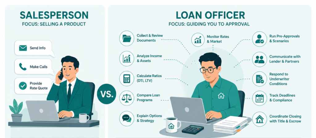 Infographic comparing a salesperson and a loan officer, highlighting the broader responsibilities involved in guiding a mortgage loan to approval and closing.