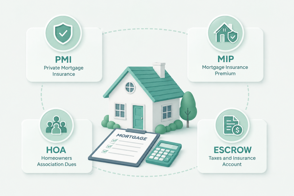 Illustration of additional mortgage costs including PMI, MIP, HOA fees, and escrow accounts.