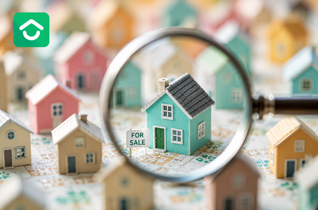 House hunting illustration with a for-sale home