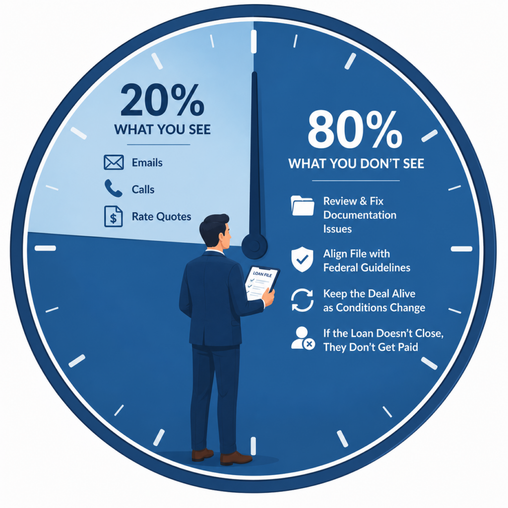 Loan officer infographic illustrating the difference between visible tasks and behind-the-scenes mortgage approval work.