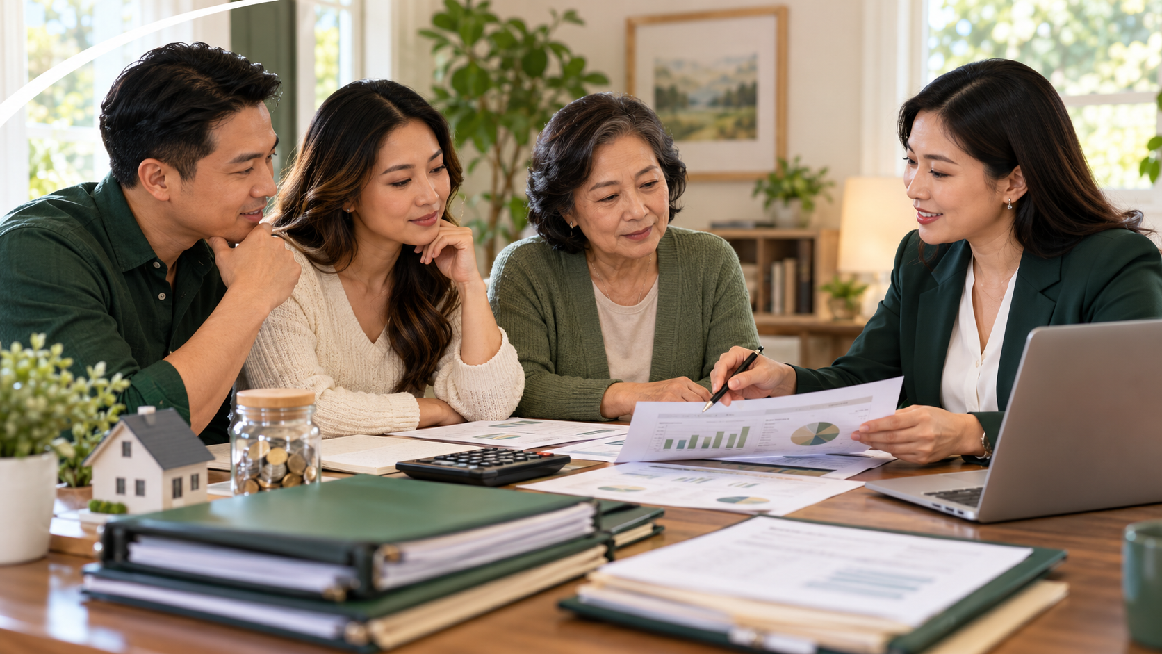 Multigenerational family comparing mortgage applicants and building a shared household budget