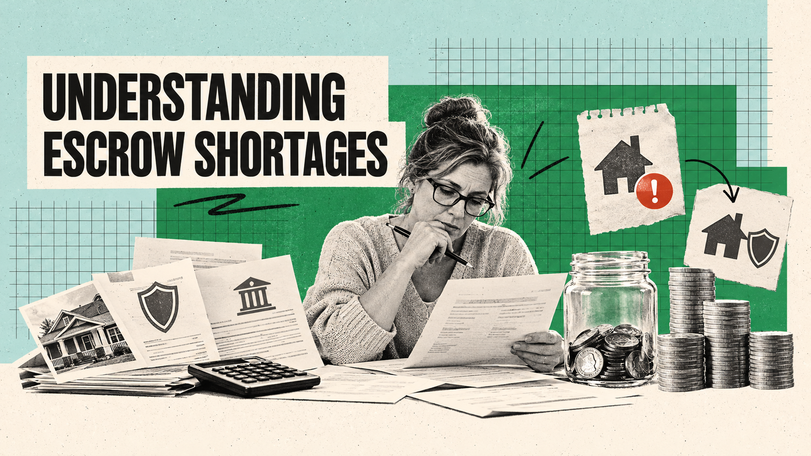 Homeowner reviewing escrow paperwork beside tax and insurance documents, a coin jar, and stacked coins.