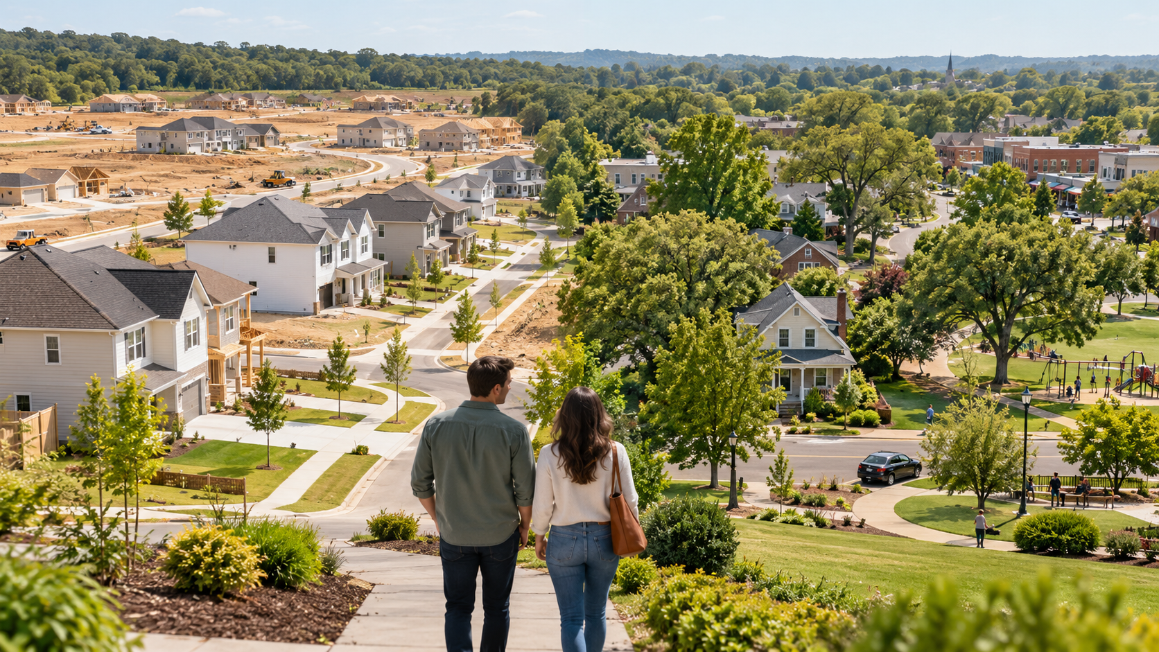 Homebuyers comparing a new housing development with an established neighborhood