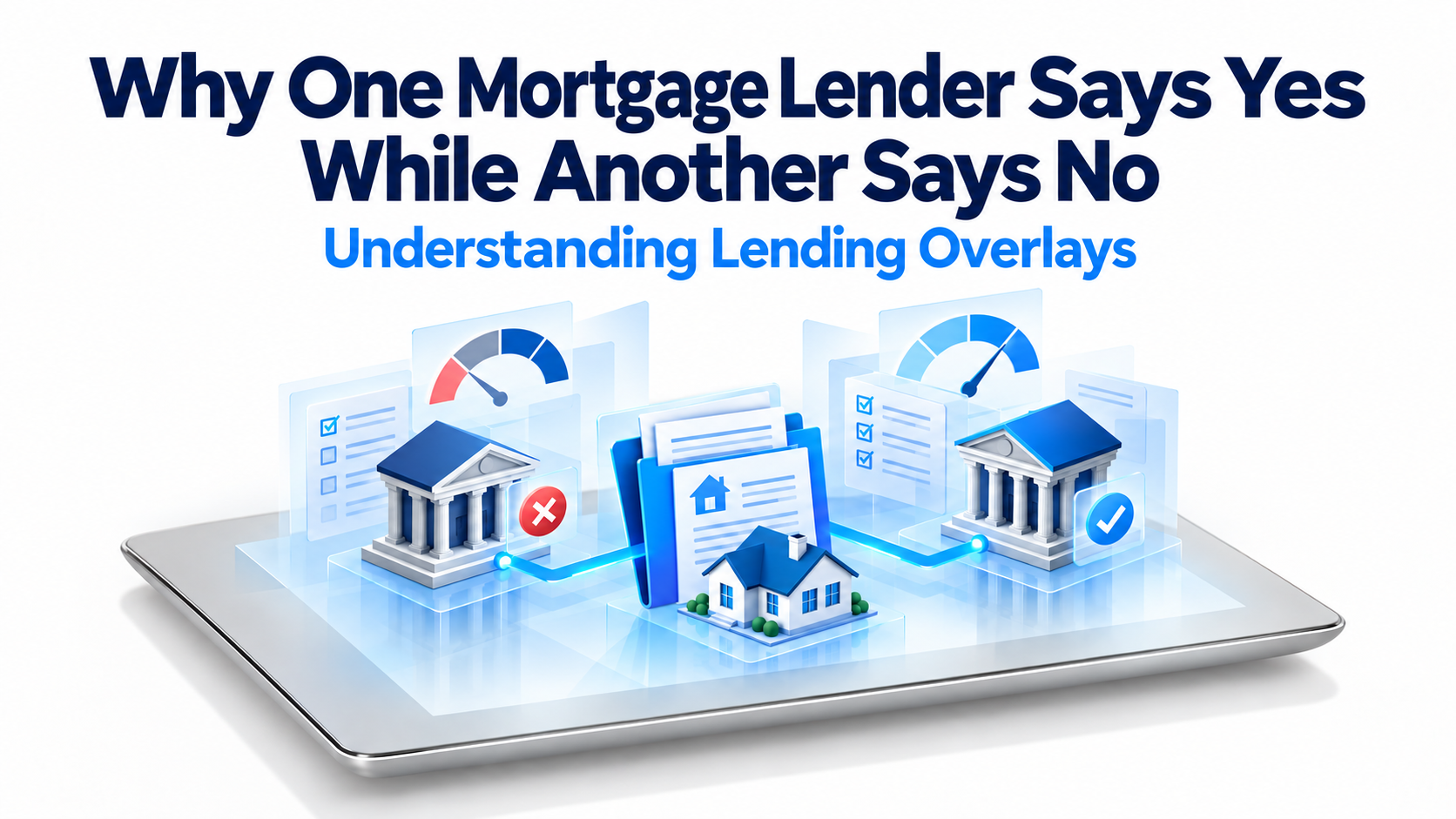Mortgage application between two lenders, with a red decline symbol on one side and a blue approval check on the other.