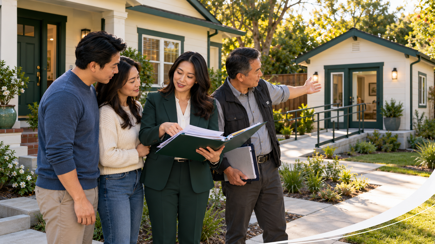 Multigenerational family reviewing mortgage responsibility, title ownership, and an exit plan with an attorney