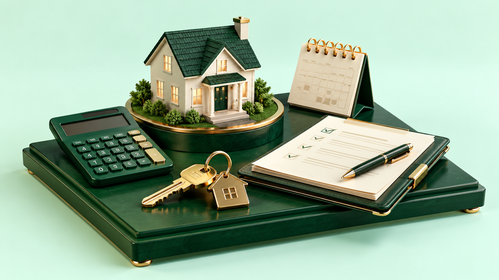 Model home beside a calculator, financial checklist, calendar, and gold keys, illustrating homebuyer preparation.