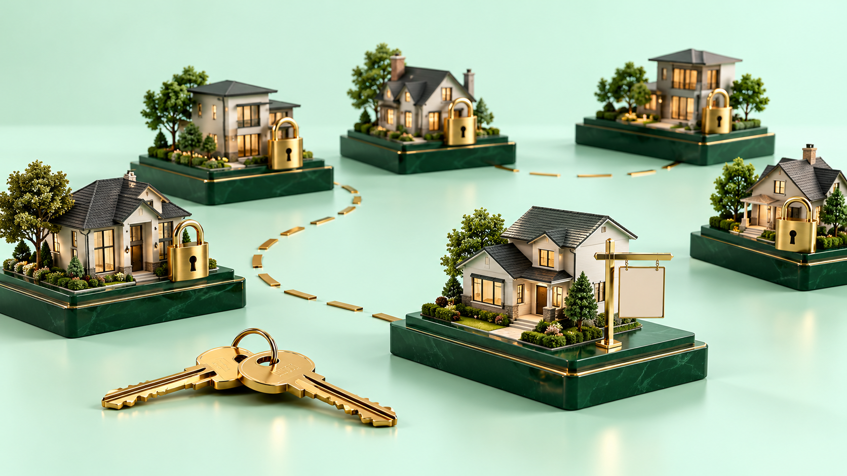 Miniature homes with gold padlocks surrounding one home with a listing sign, illustrating limited resale inventory.