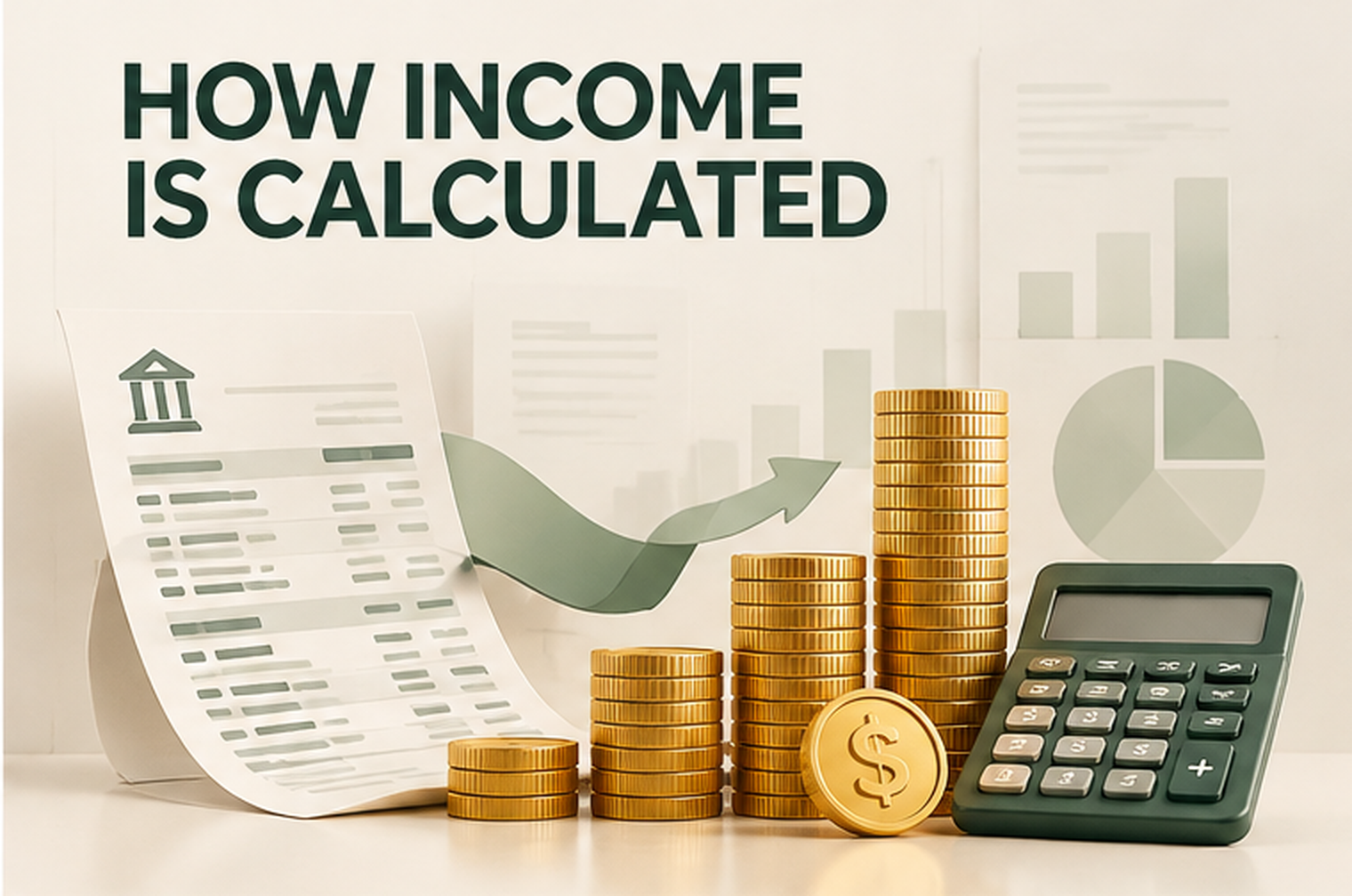 Bank statement, calculator, rising chart, and gold coins illustrating how lenders evaluate deposits and business expenses to estimate qualifying mortgage income.