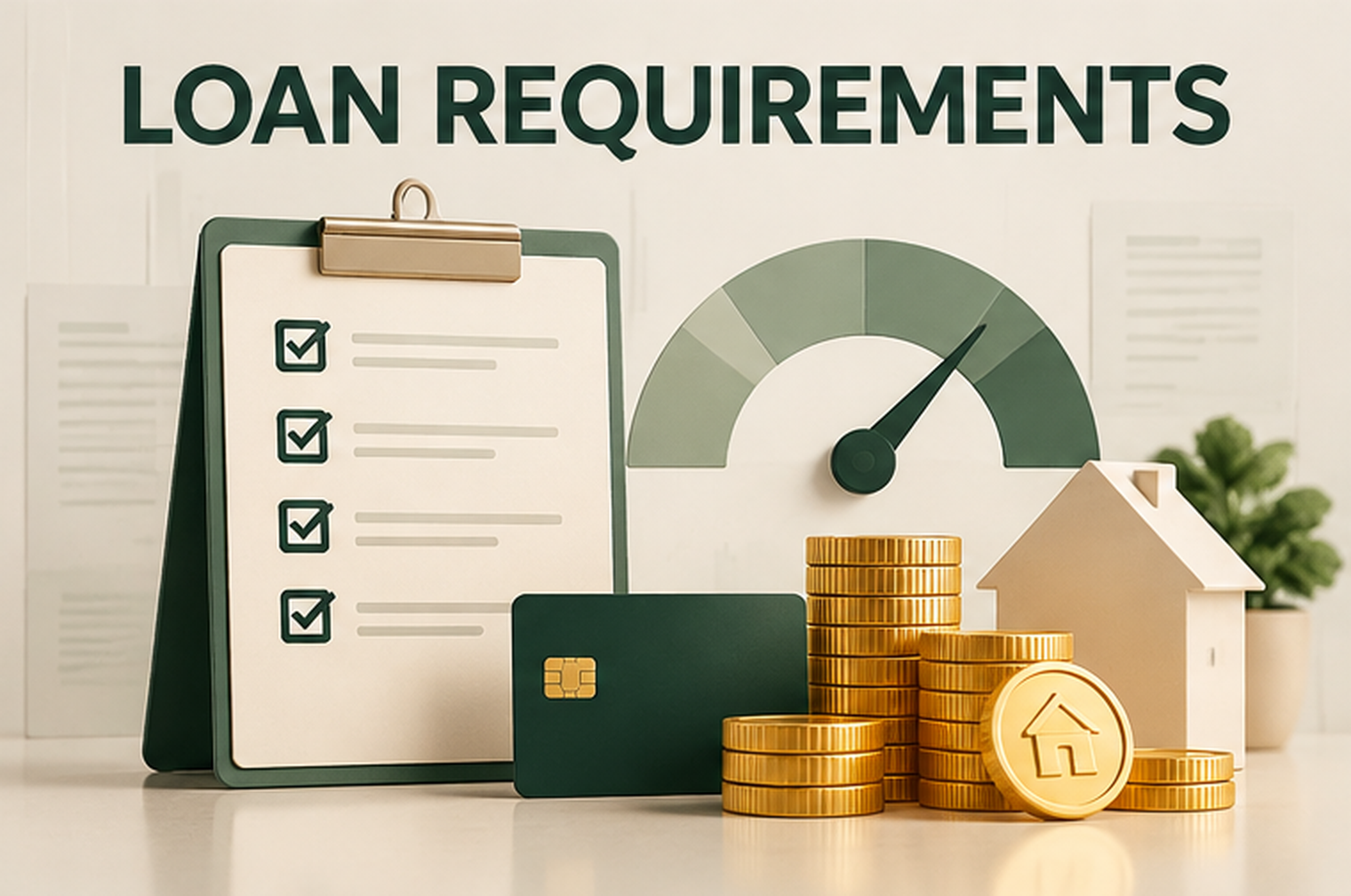 Mortgage qualification checklist, credit card, financial gauge, model house, and gold coins representing bank statement loan requirements.