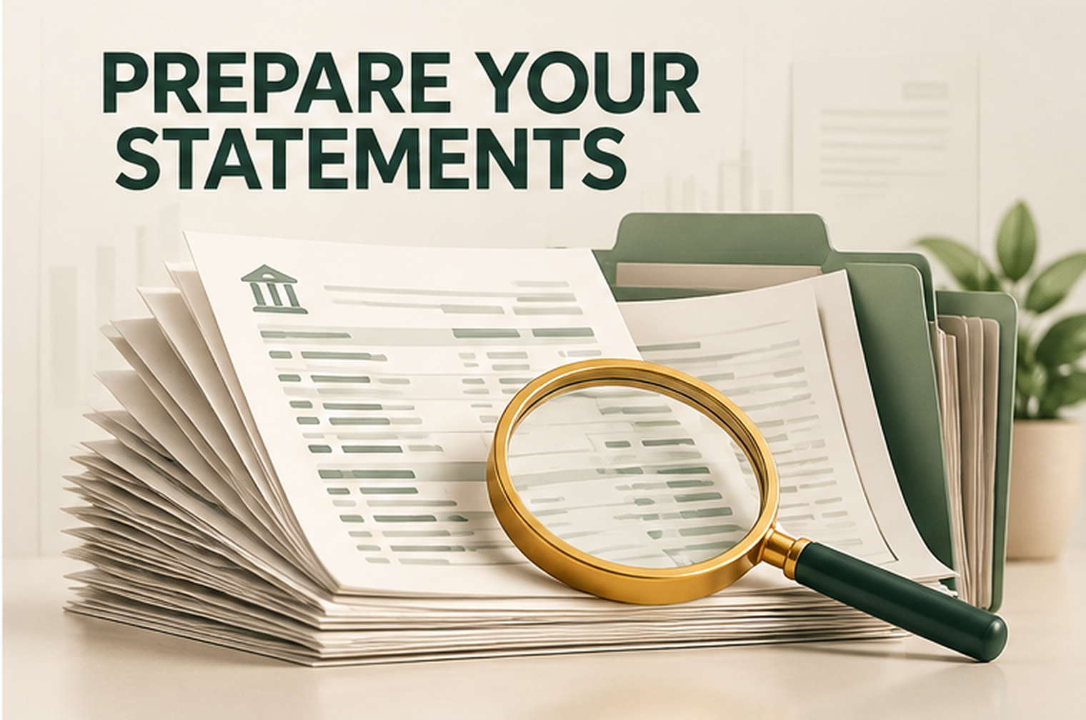 Organized bank statements, green folders, and a magnifying glass illustrating the financial documents self-employed borrowers should prepare before applying for a bank statement loan.
