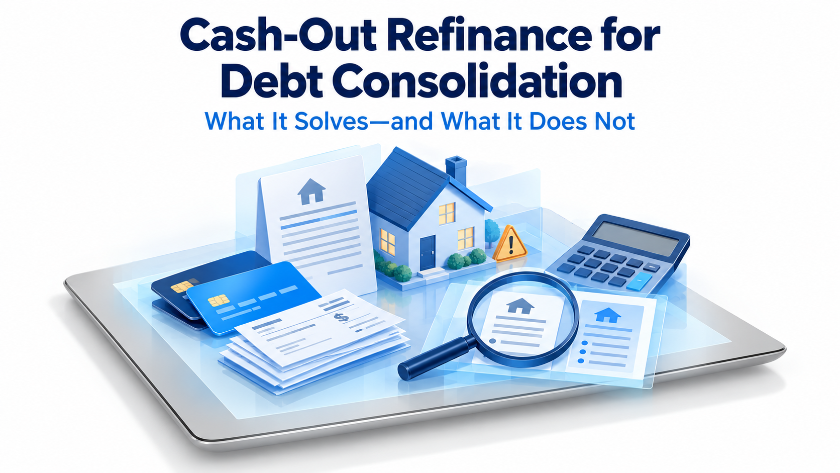 House, credit cards, mortgage documents, and calculator illustrating cash-out refinance debt consolidation and its potential risks.
