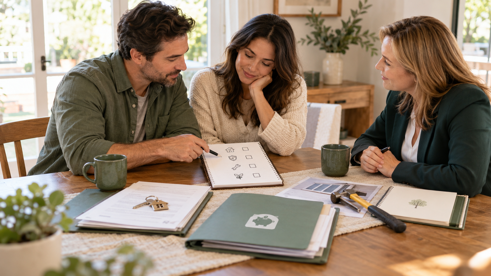 Homeowners reviewing mortgage payments, emergency savings, home repairs, and long-term financial goals