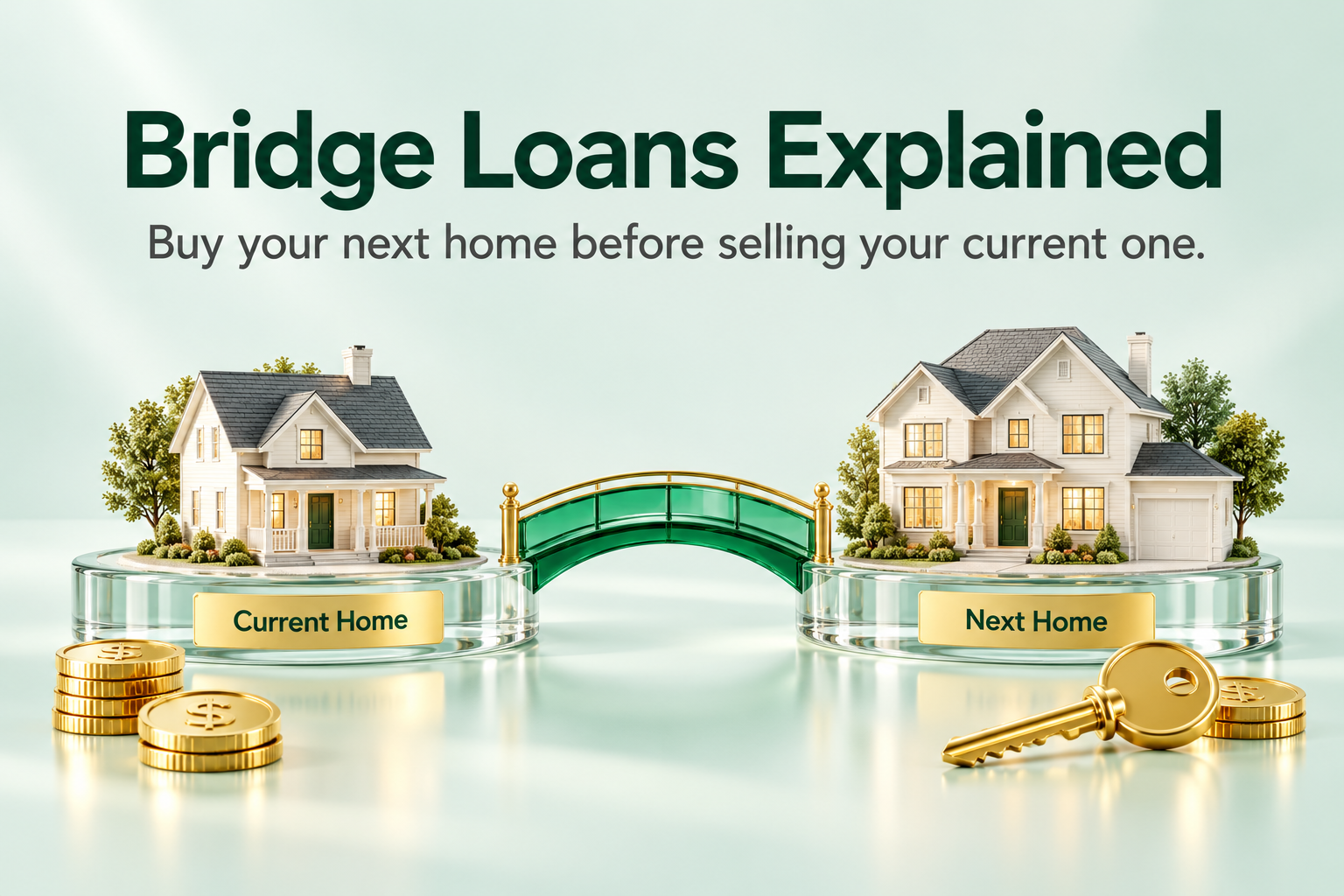Two model homes connected by a green bridge illustrate buying a new home before selling the current one.