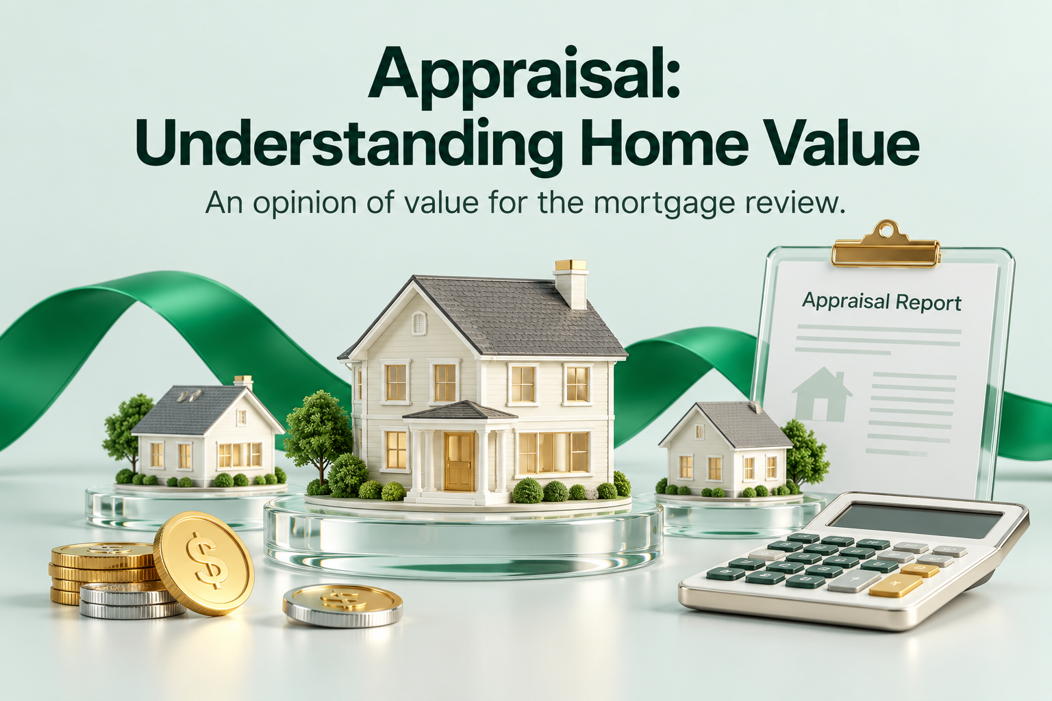 Model homes, an appraisal report, and a calculator illustrate property valuation for mortgage review.