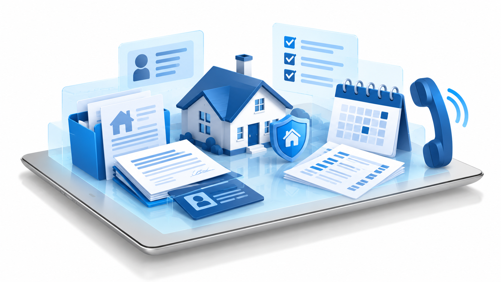 House surrounded by estate documents, identification, a payment calendar, and a telephone for contacting the mortgage servicer.
