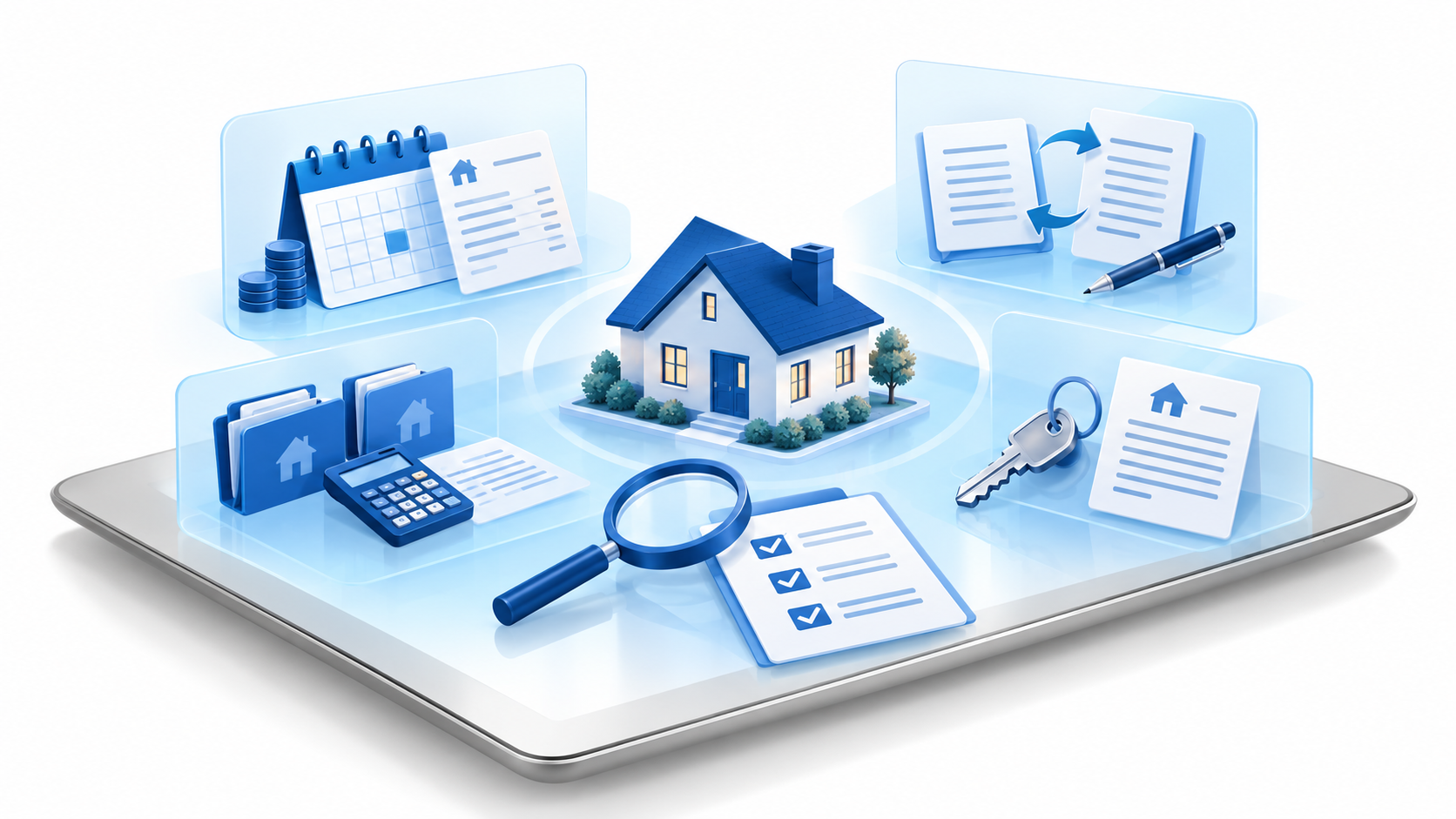 House surrounded by panels illustrating continued payments, assumption review, refinancing, and selling, with a comparison checklist in front.