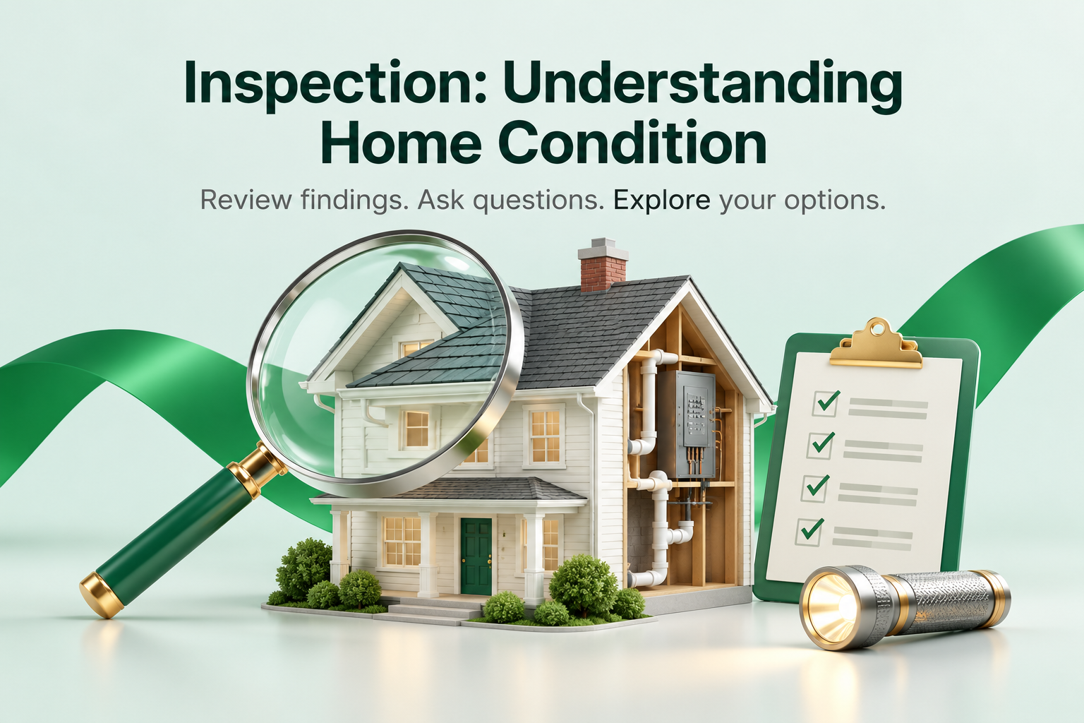 Cutaway model home with a magnifying glass, inspection checklist, and flashlight illustrates a home condition review.