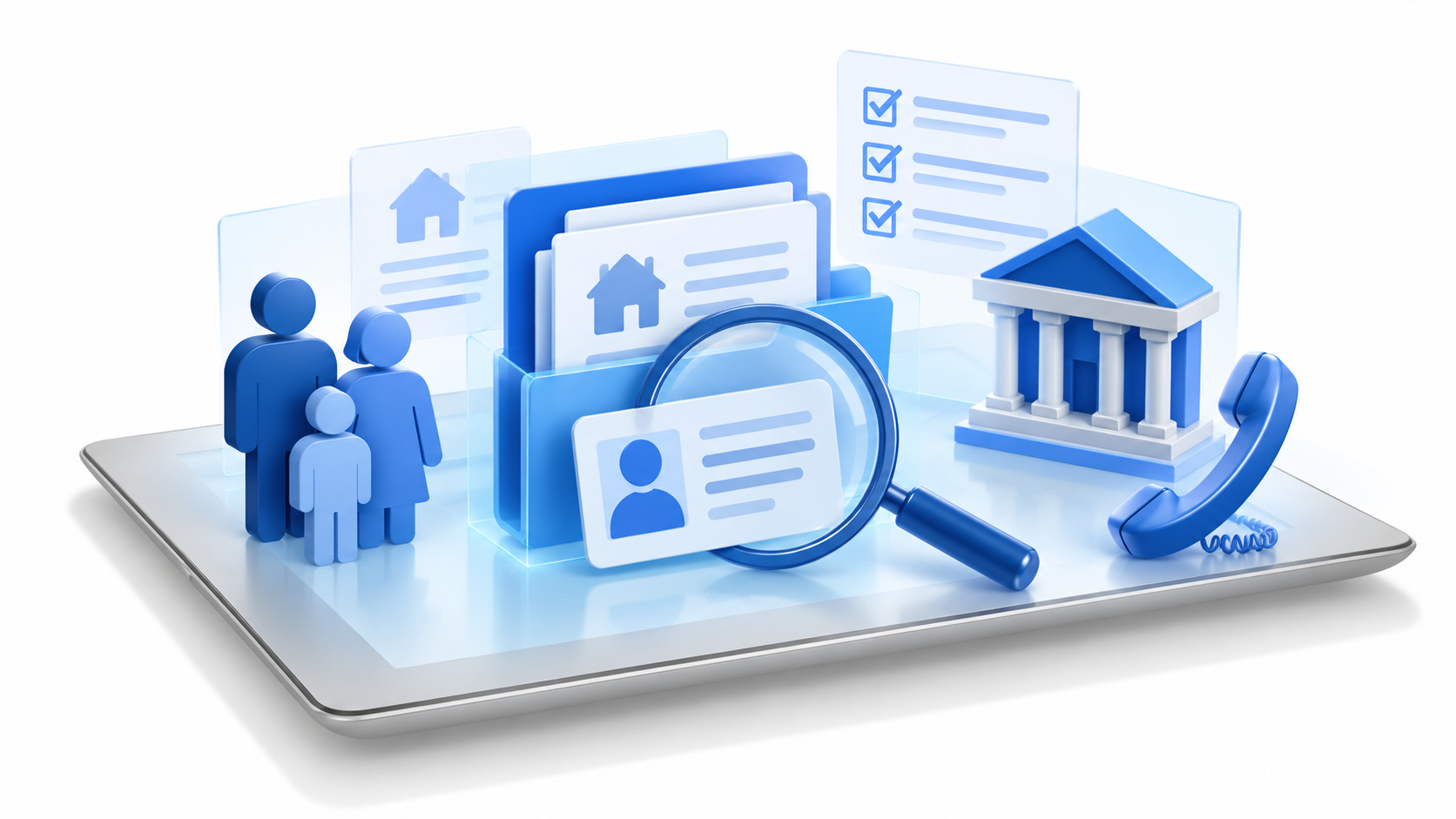 Family figures beside ownership documents and an identity card under a magnifying glass, with a mortgage servicer and telephone nearby.