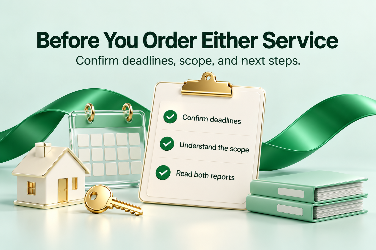 Checklist, calendar, report folders, and model home illustrate preparation for an appraisal and home inspection.