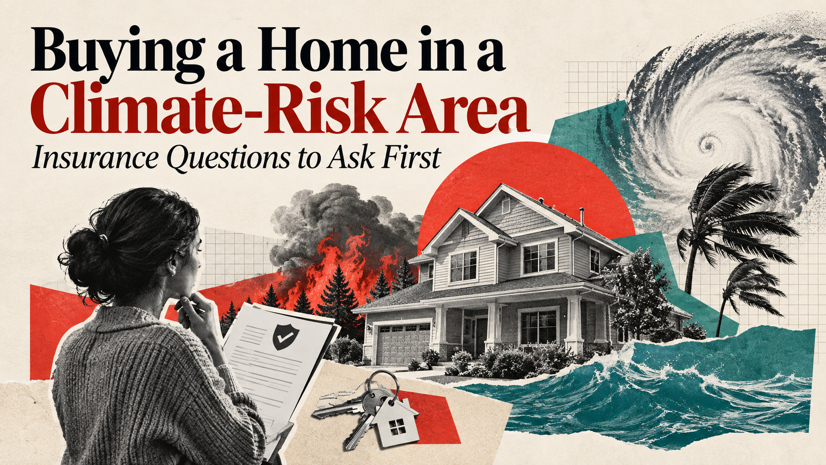 Woman reviewing insurance documents beside a house, with wildfire, hurricane, and flood imagery illustrating climate-related homebuying risks.