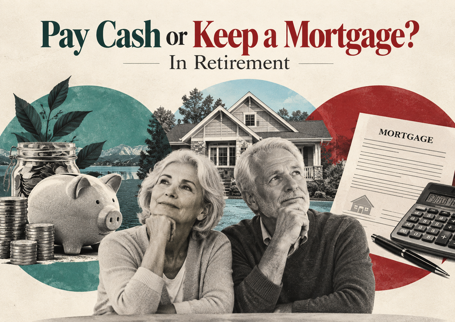 Retired couple considering a cash home purchase versus a mortgage, with savings, a house, loan documents, and a calculator.