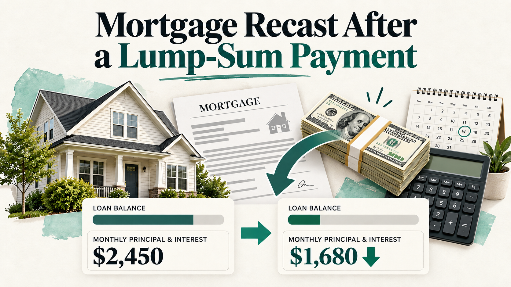 Home, mortgage document, and cash illustrate a recast example reducing monthly principal and interest from $2,450 to $1,680.