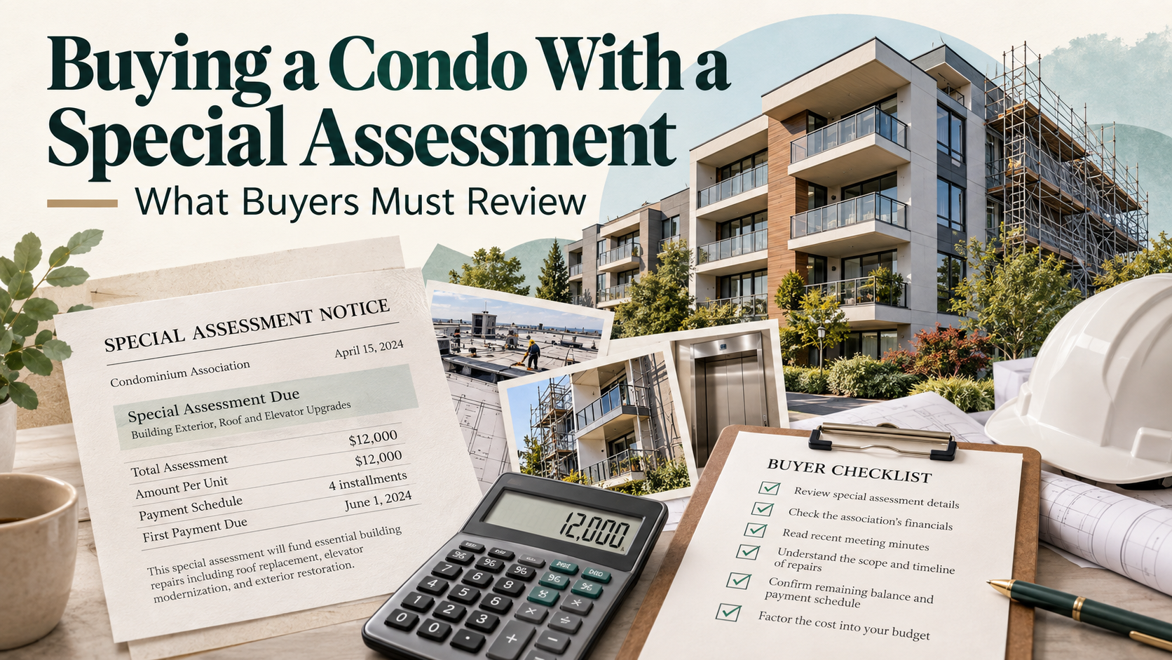 Condo building undergoing repairs with a special assessment notice, calculator, and buyer checklist outlining costs and financial considerations.