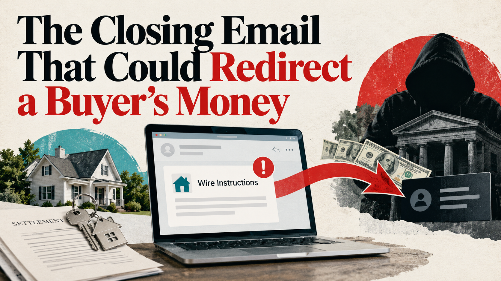 Laptop displaying suspicious closing wire instructions, with a red arrow pointing toward a fraudulent account beside a hooded scammer.