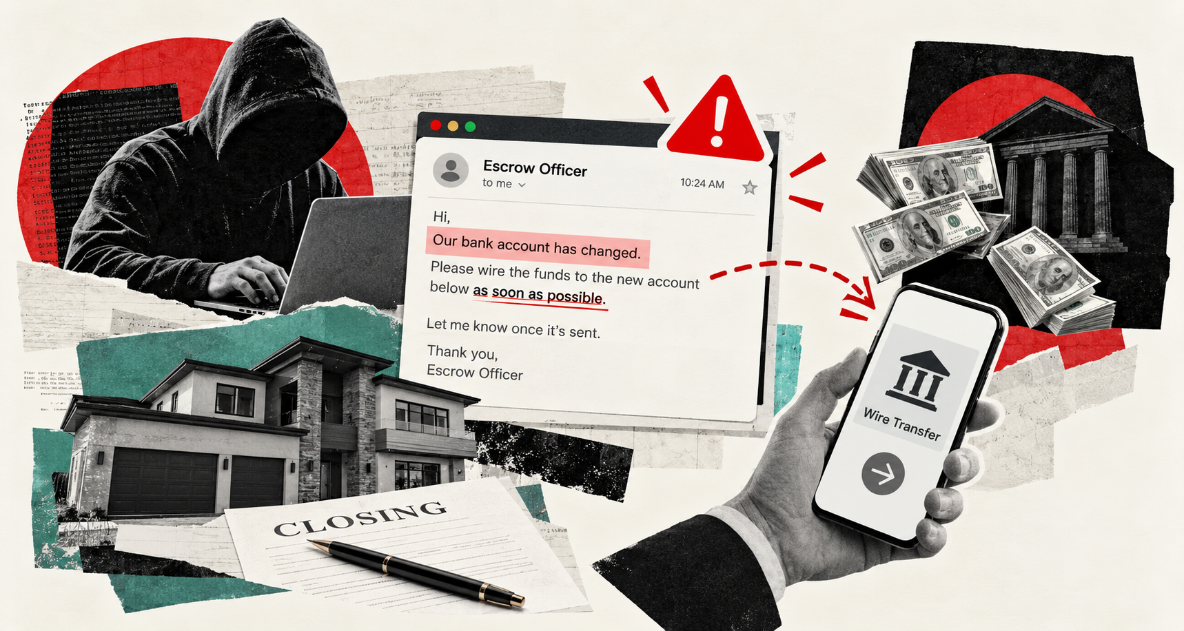 Fraudulent email impersonating an escrow officer requests an urgent transfer to a new bank account, beside a phone displaying a wire transfer.