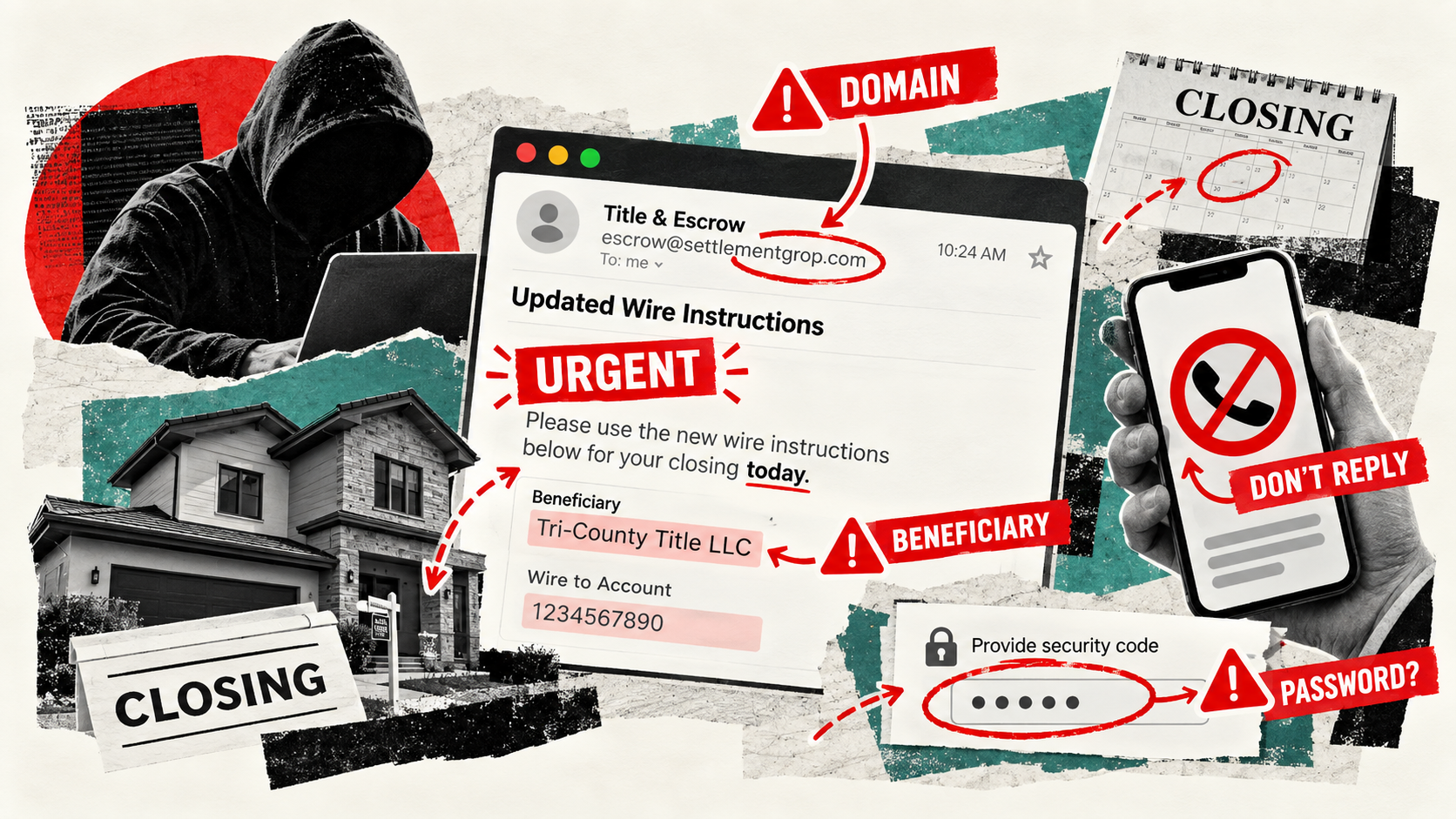 Suspicious wire instructions with red callouts highlighting the sender’s domain, urgency, beneficiary details, and requests for security codes.