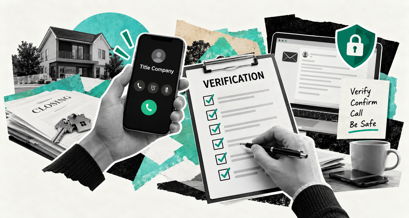 Buyer calling the title company while completing a verification checklist beside closing documents, house keys, and a laptop with a security shield.