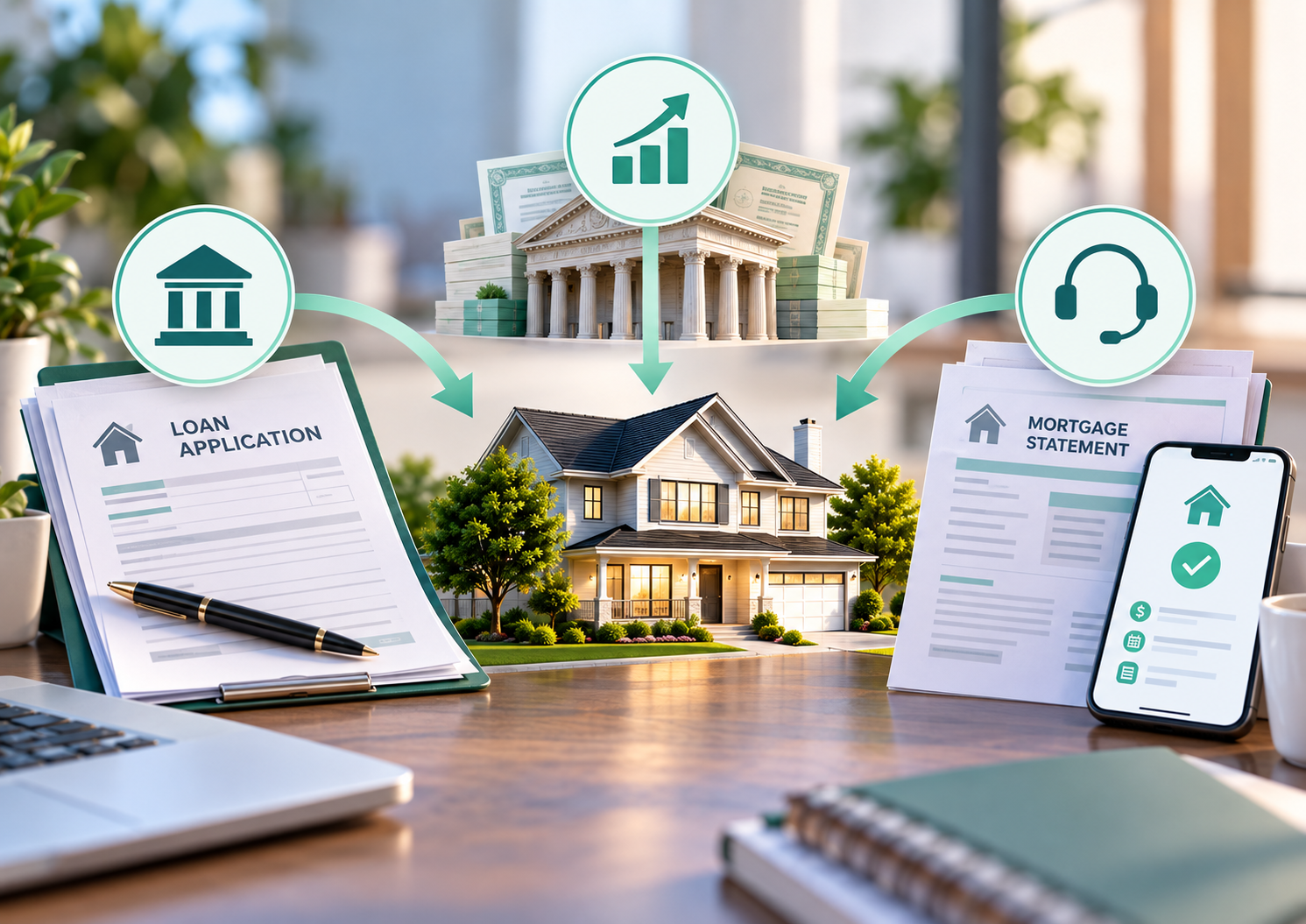 Bank, investment, and customer service icons above a model home illustrate the roles of lender, loan owner, and mortgage servicer.