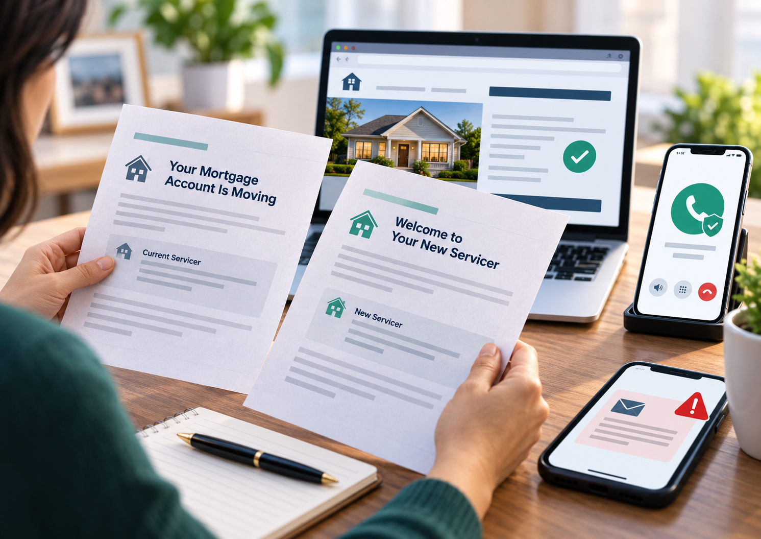 Borrower compares notices from the current and new mortgage servicers beside a laptop and phone showing verification and warning icons.