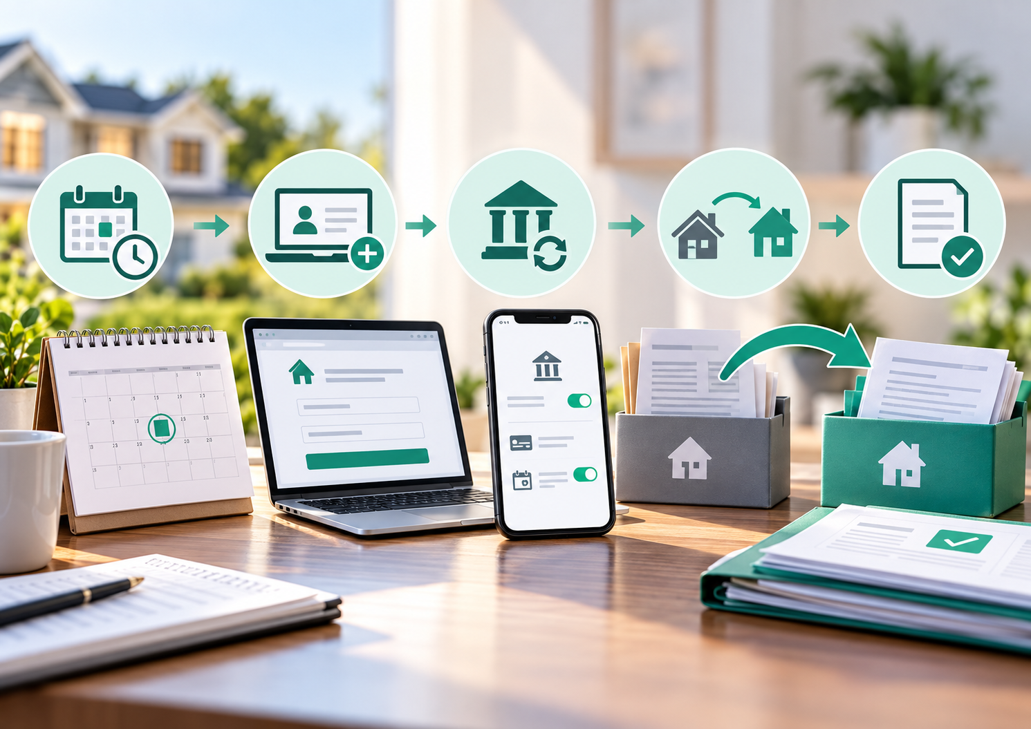 Calendar, online account screen, and mobile payment settings illustrate updating payment arrangements after a mortgage servicing transfer.
