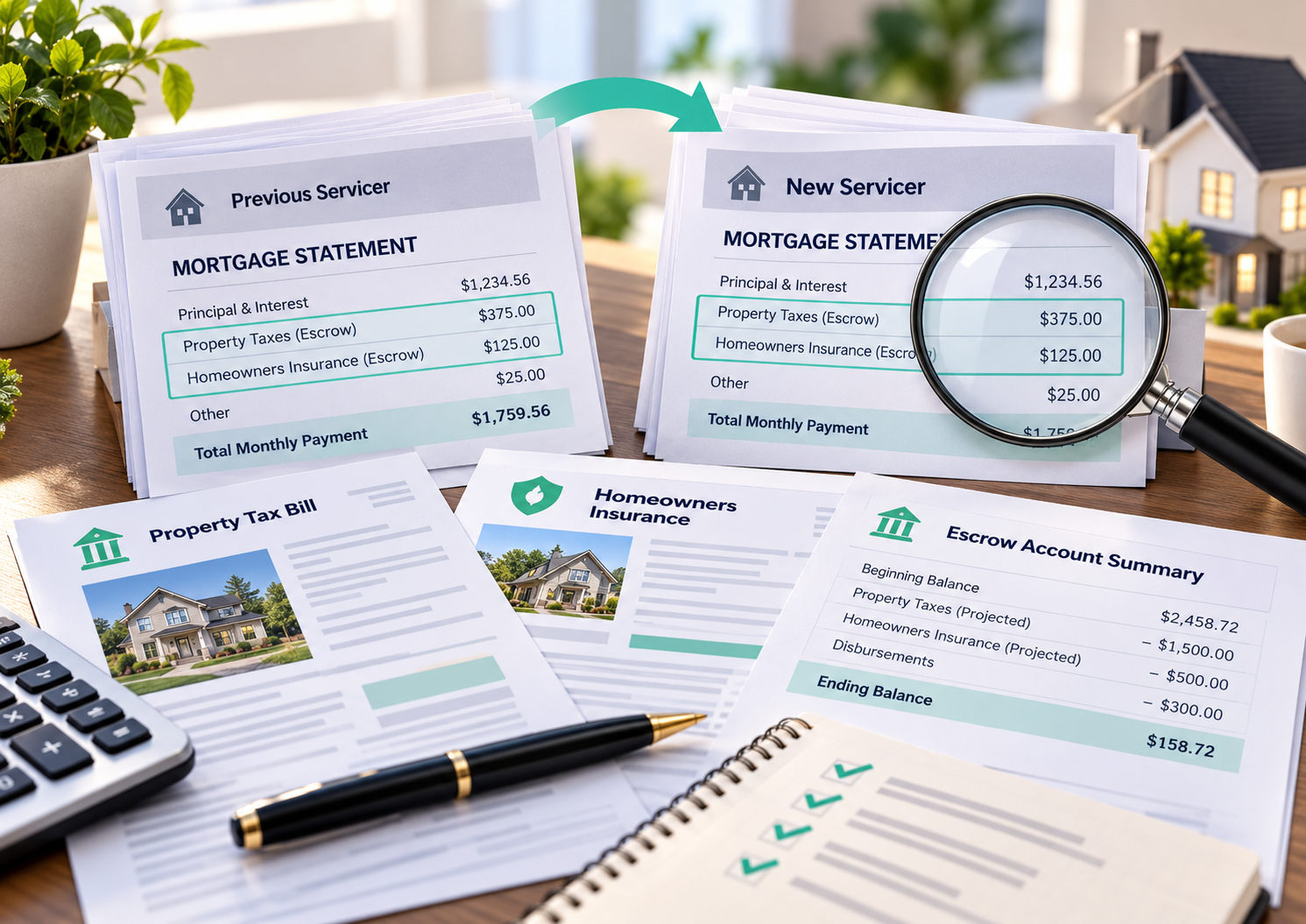 Old and new mortgage statements displayed with tax, insurance, and escrow records for comparison under a magnifying glass.