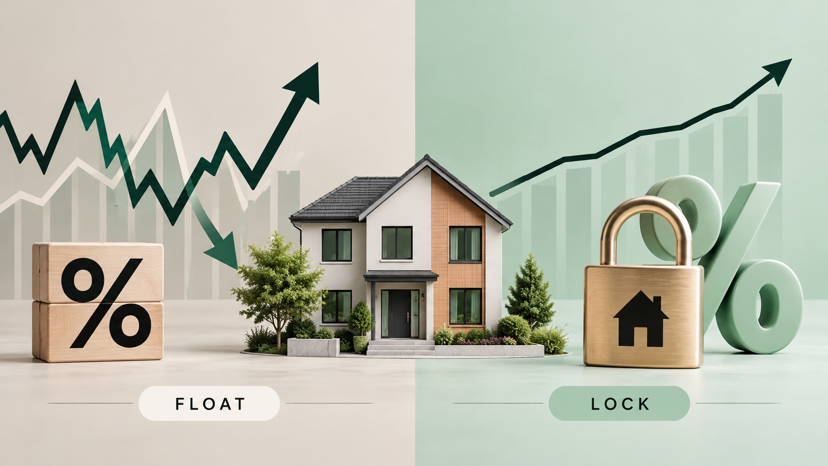 House model beside a percentage padlock, lock and float signs, a rate-lock calendar, and a mortgage rate lock agreement