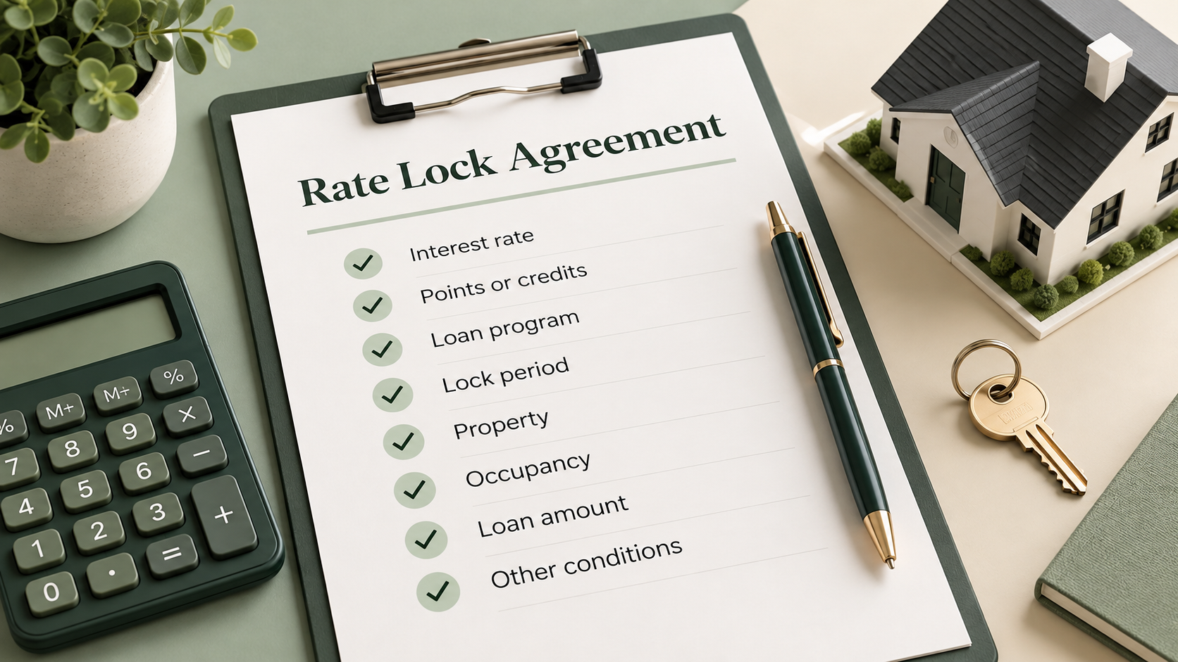 Rate lock agreement checklist covering interest rate, points or credits, loan program, lock period, property, occupancy, and loan amount.