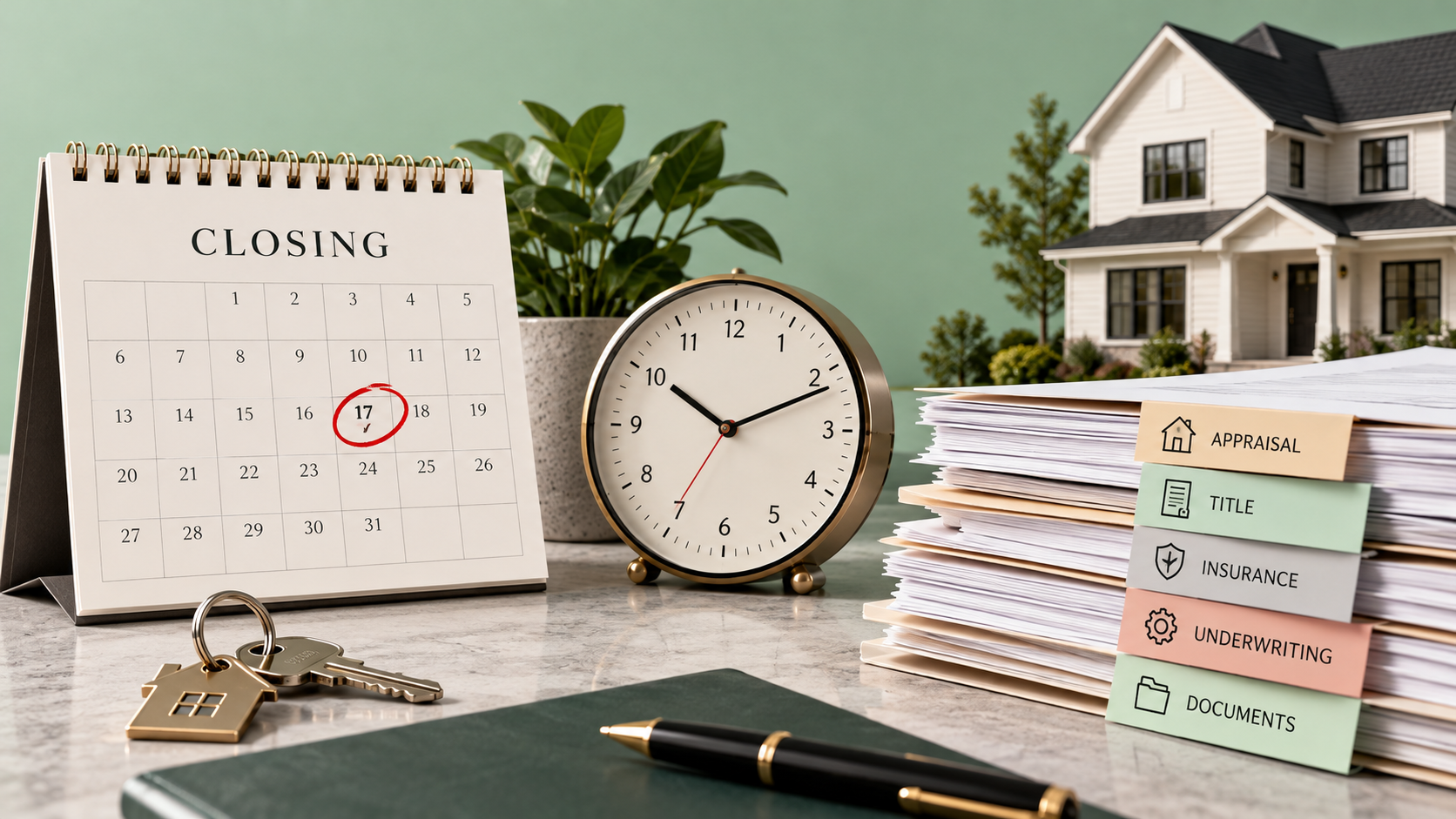 Closing calendar and clock beside mortgage files labeled appraisal, title, insurance, underwriting, and documents.