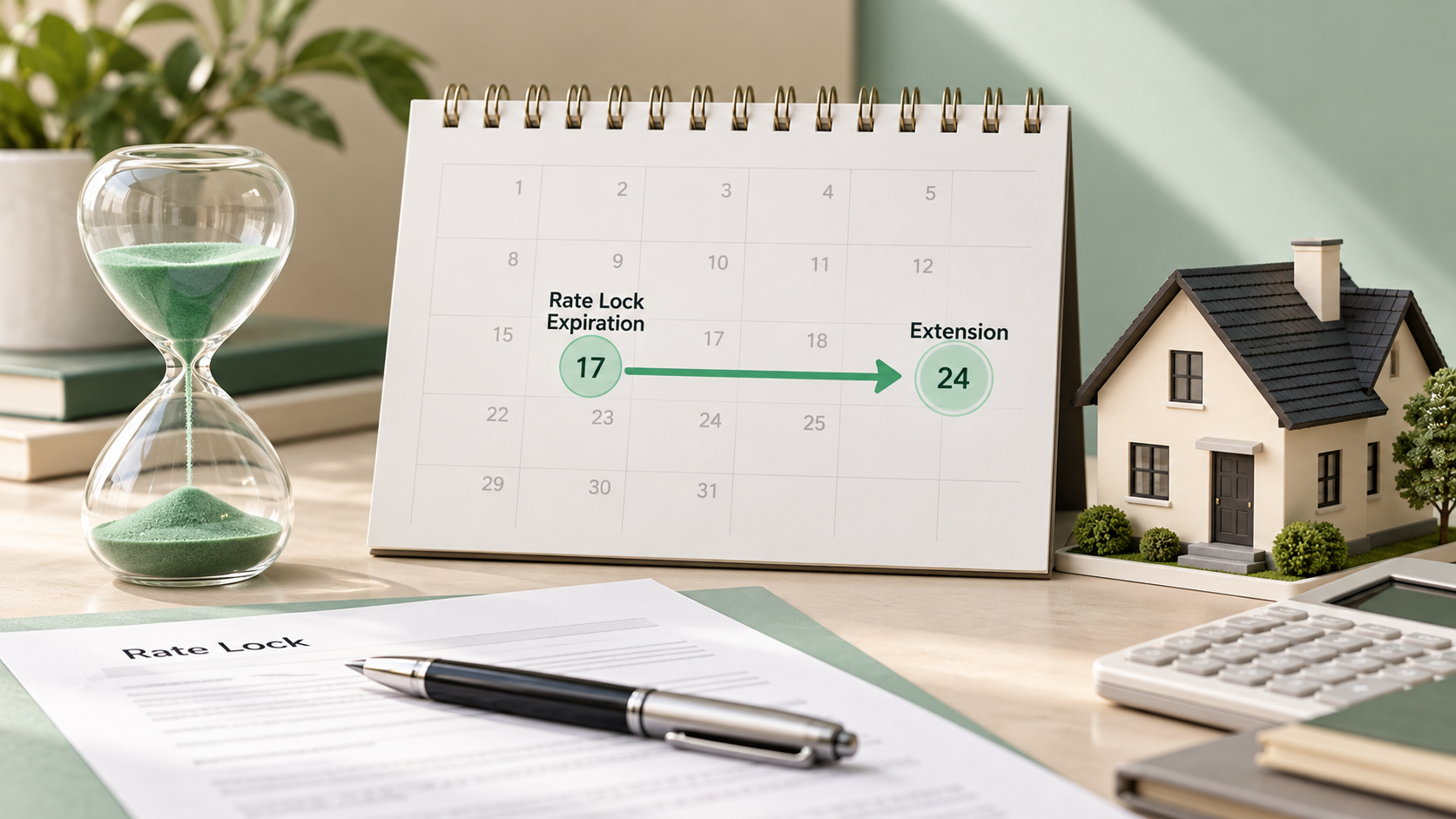 Calendar showing a rate lock expiration date extended from the 17th to the 24th, beside an hourglass, house model, and loan paperwork.