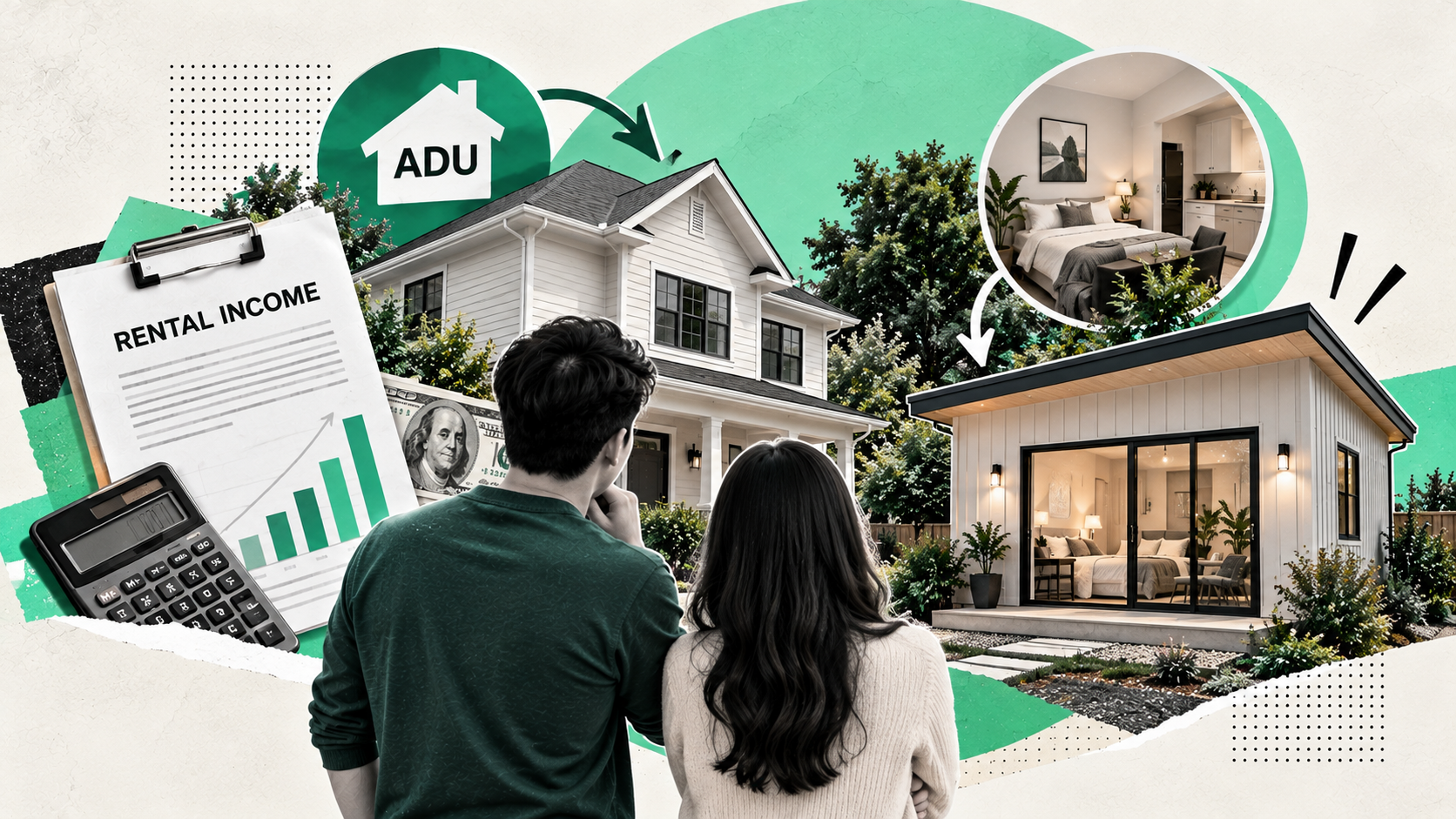 Couple considering a home with a detached ADU beside rental-income paperwork and a calculator.
