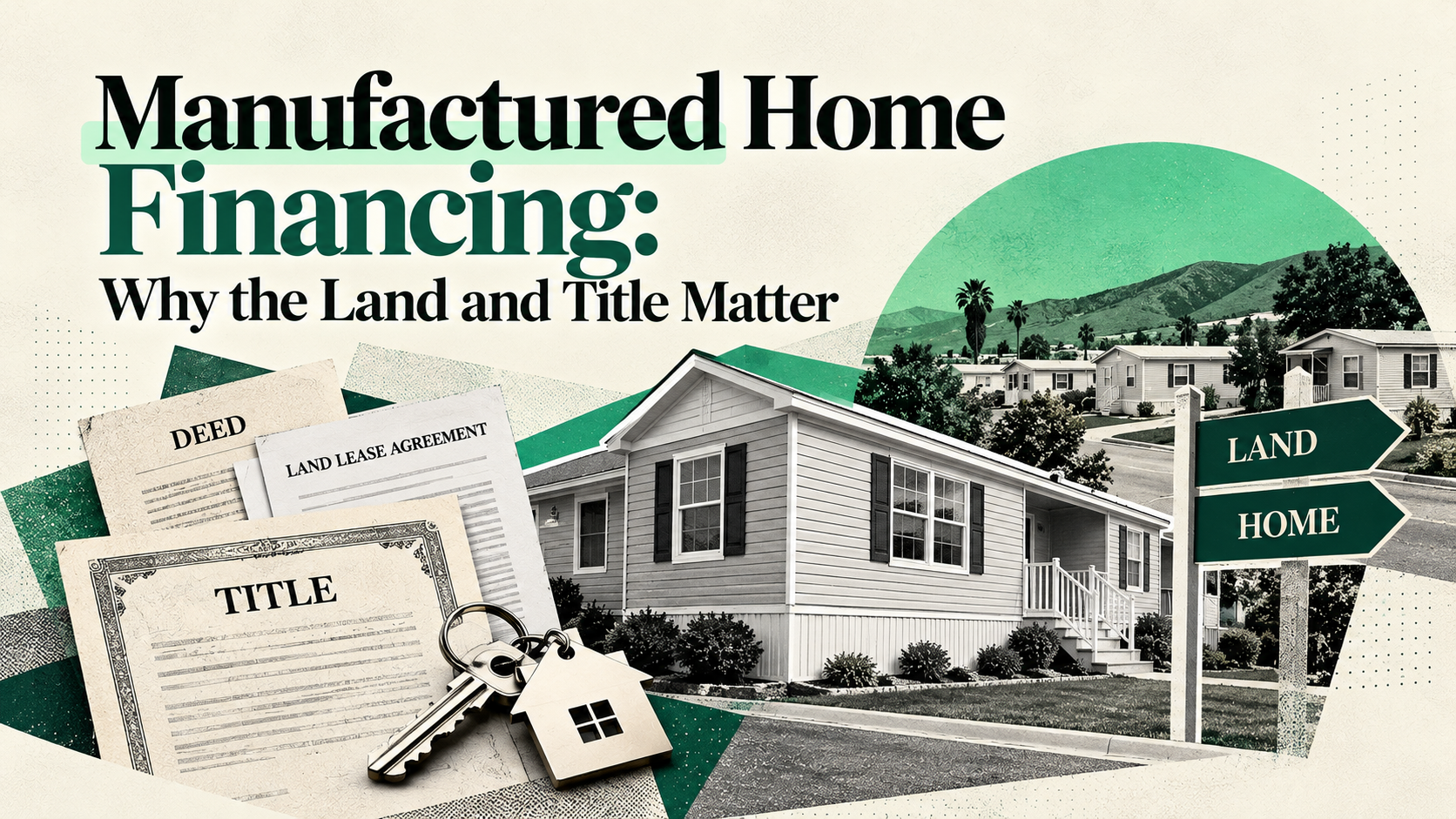 Manufactured home beside deed, title, and land-lease documents illustrates the importance of land rights and ownership records in financing.