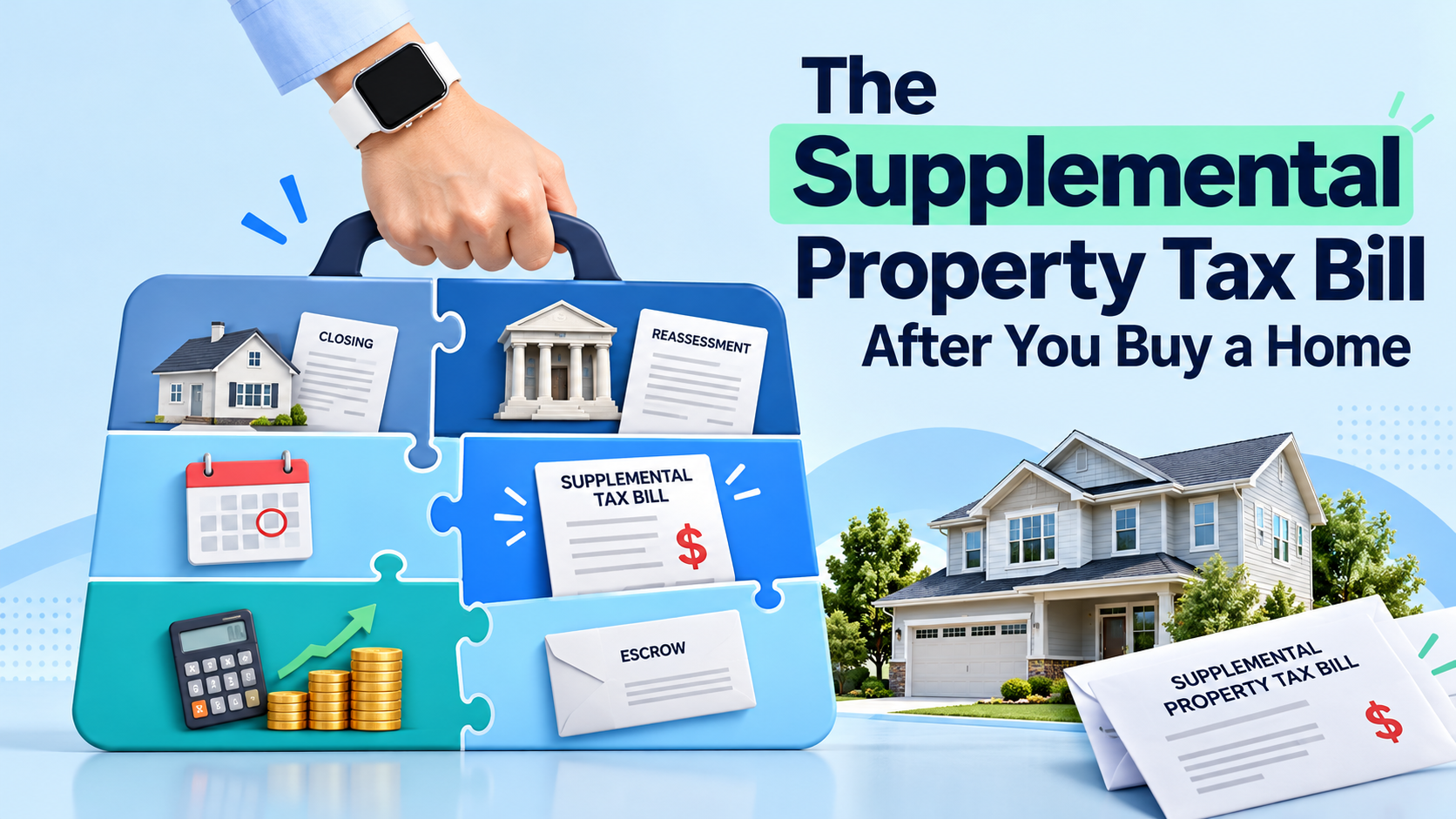 House and tax documents beside puzzle pieces illustrating closing, reassessment, supplemental billing, and escrow planning.