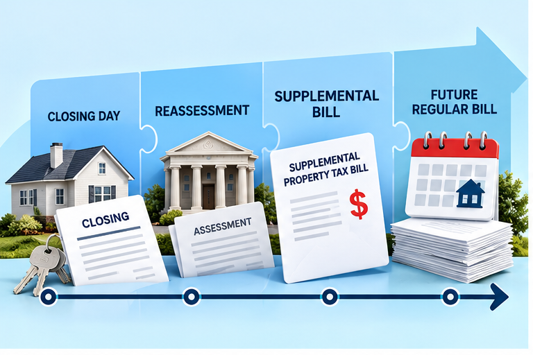 Timeline shows closing, reassessment, a supplemental property-tax bill, and a future regular tax bill.