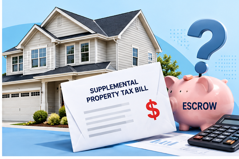 Supplemental property-tax bill beside a piggy bank labeled Escrow, a question mark, and a calculator.