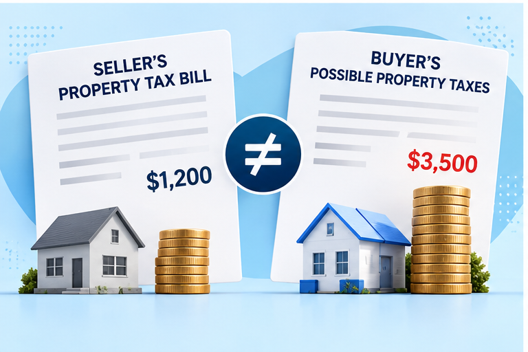 Side-by-side documents illustrate a seller’s property-tax bill differing from the buyer’s possible future taxes.