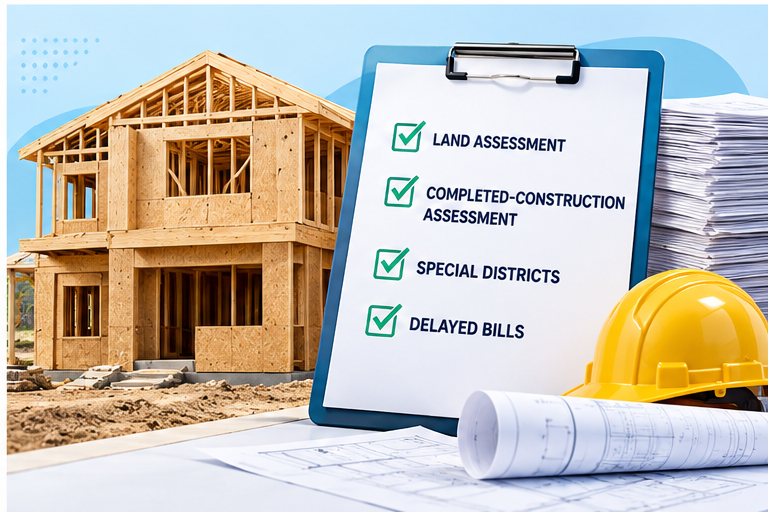 Home under construction beside a checklist covering land assessment, completed construction, special districts, and delayed bills.